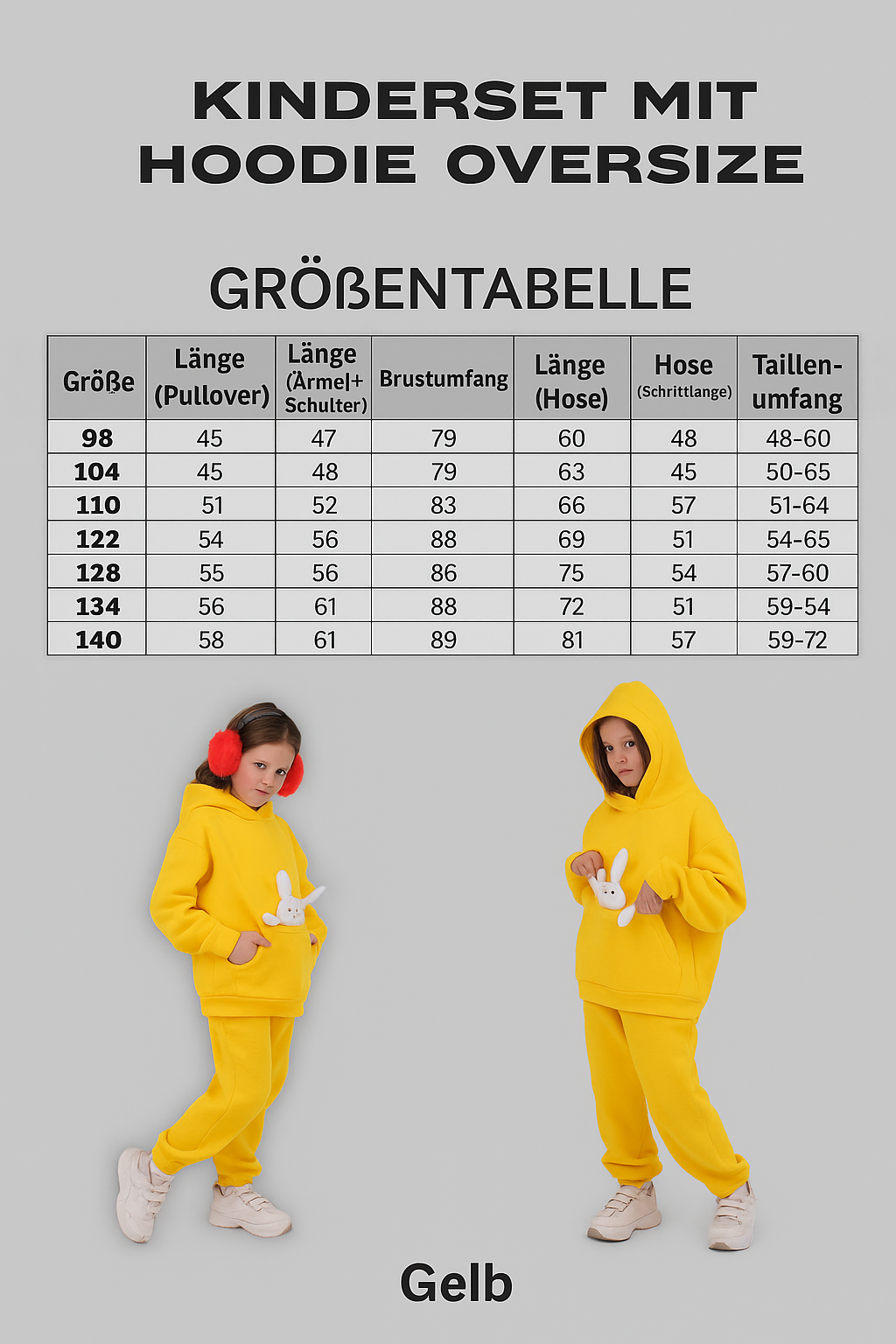 Kinder-Set Hoodie Oversize Gelb – Größe 110,128