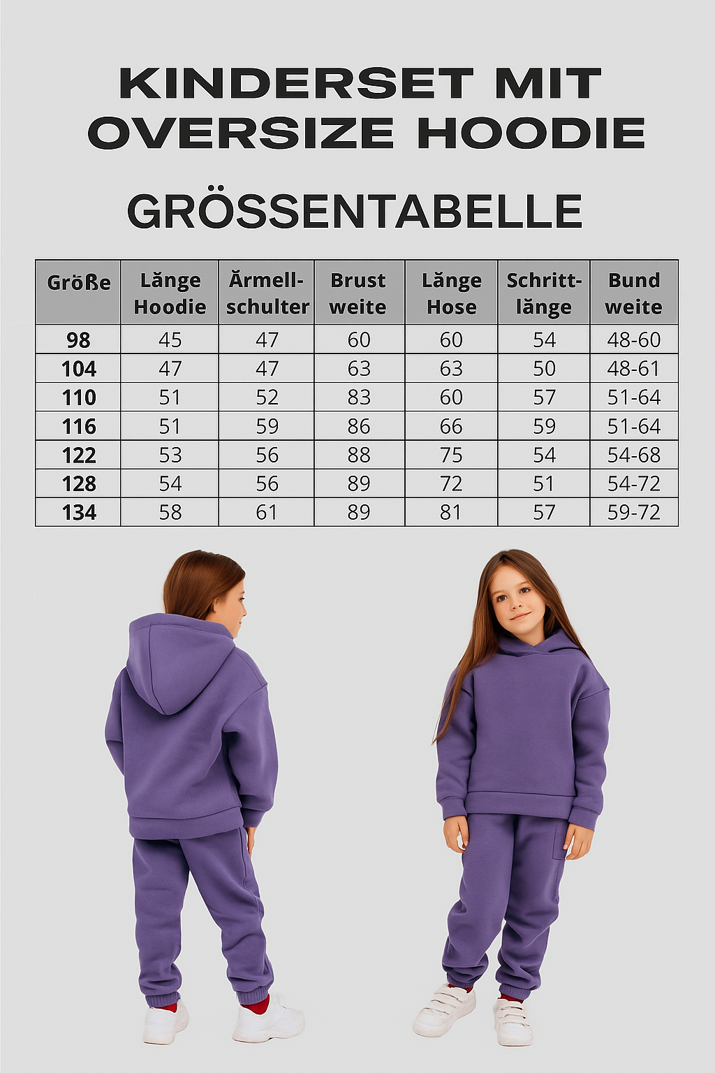 Kinder-Set Hoodie Oversize Lila – Größe 104,110,134