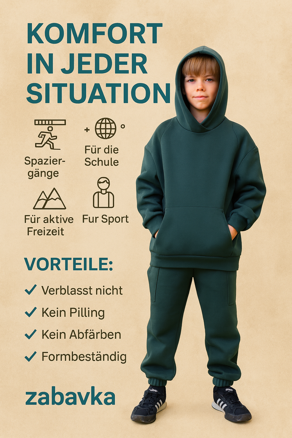 Kinder-Set Hoodie Oversize Malachitgrün – Größe 110.122.134