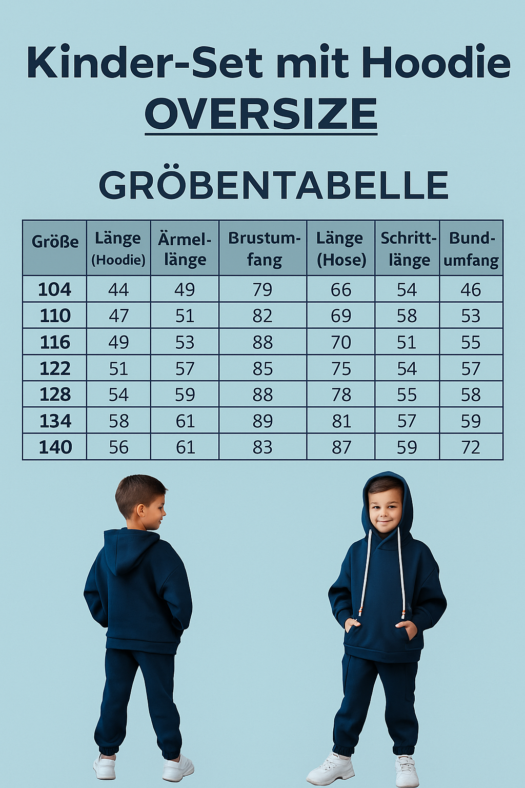 Kinder-Set Hoodie Oversize Dunkelblau – Größe 104-140