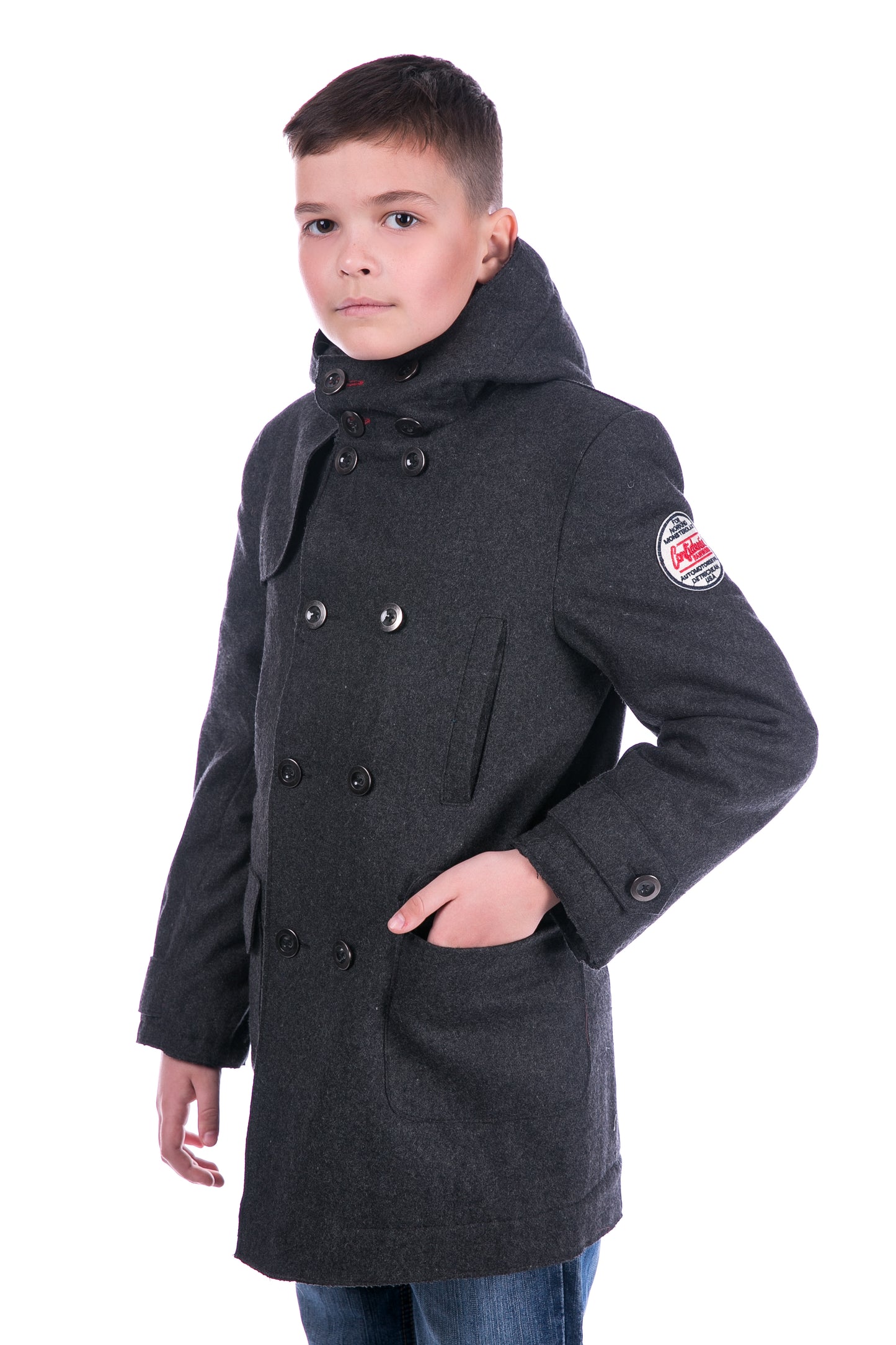 Пальто шерстяное для мальчиков, съёмный капюшон