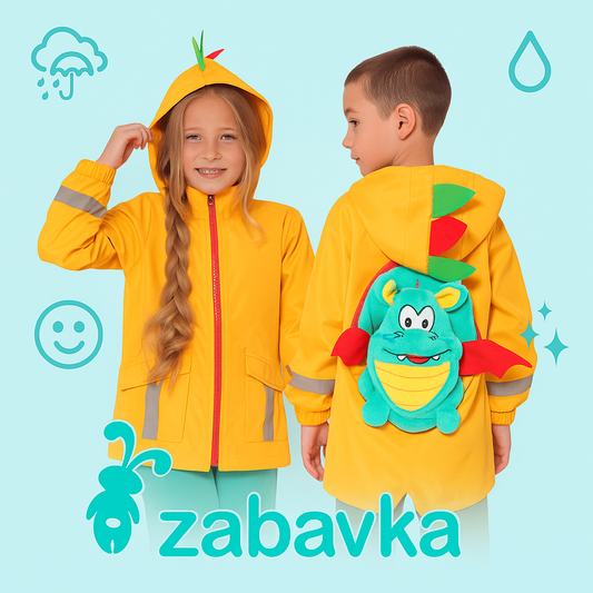 3-in-1 Kinder-Regenmantel, der sich in ein Kuscheltier (Drache) und ein weiches Kissen verwandelt. Leicht, wasserabweisend, Größen 98–134.