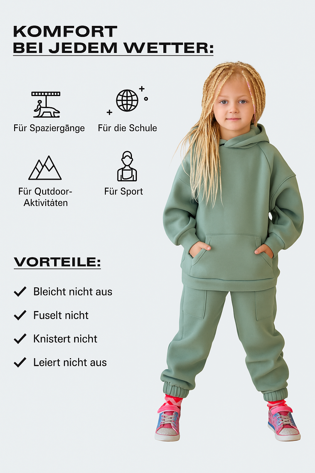 Kinder-Set Hoodie Oversize Olivgrün – Größe 104,122