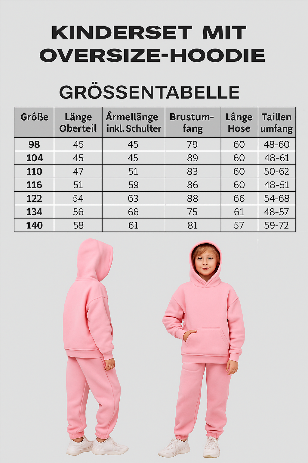 Kinder-Set Hoodie Oversize Rosa – Größe 110,122,134