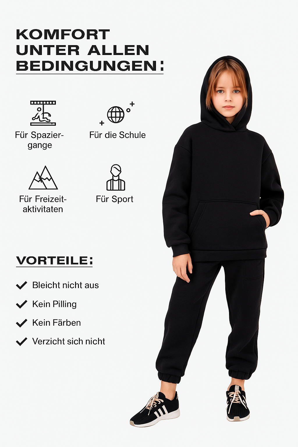 Kinder-Set Hoodie Oversize Schwarz – Größe 110,122,134