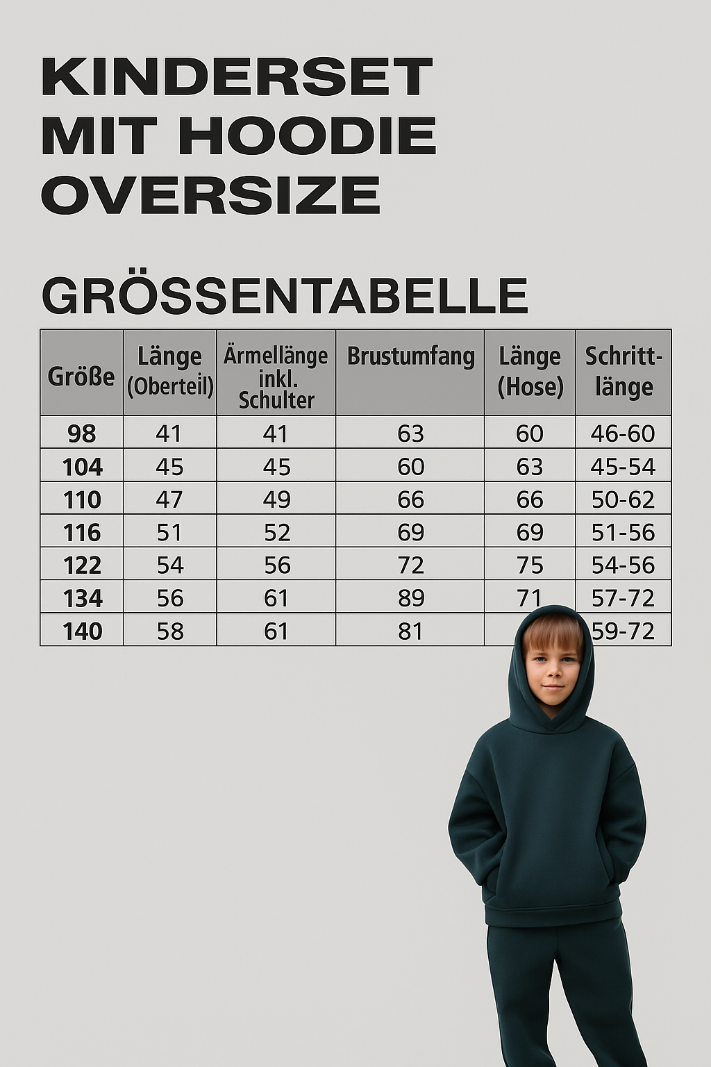 Kinder-Set Hoodie Oversize Malachitgrün – Größe 110.122.134
